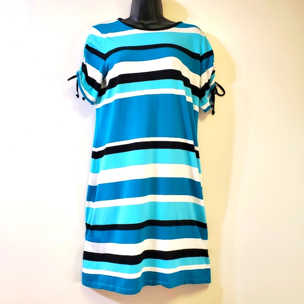 Michael Kors Striped Color Blocked T Shirt Shift Dress M/Color Teal, Navy, White